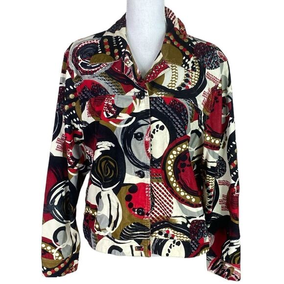 Acorn Wm’s Sz Lrg Corduroy Red Black Abstract Circle Button Down Jacket  Blazer - Picture 1 of 4